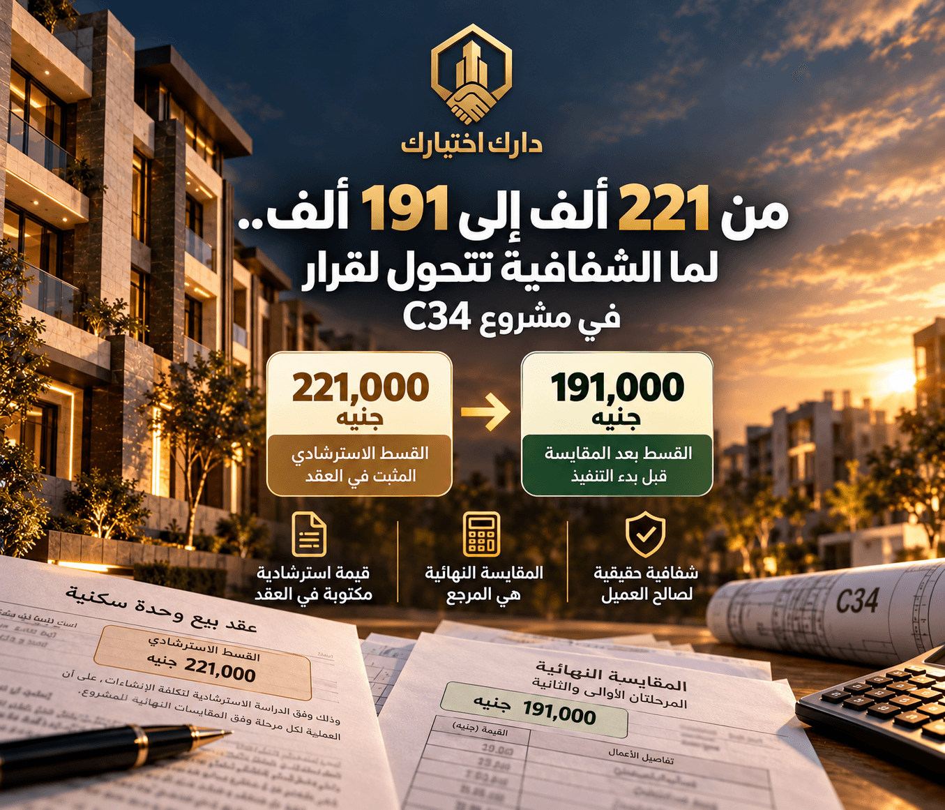 مشروع C34 في دارك اختيارك | انخفاض القسط 30 ألف جنيه